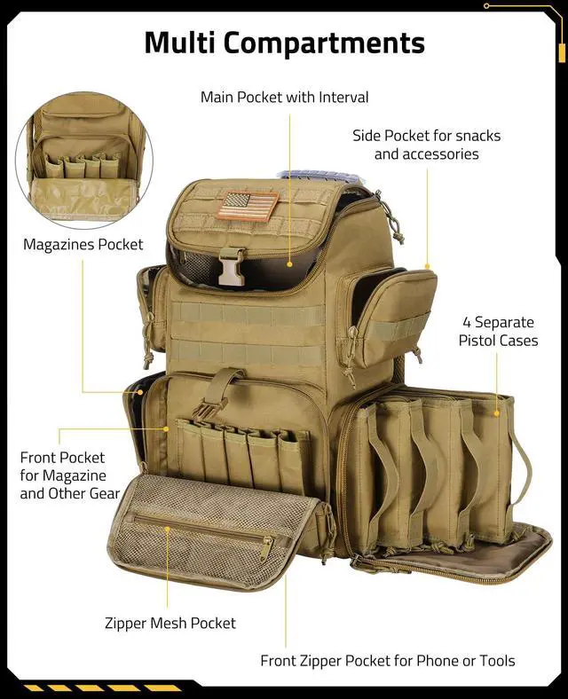 Alt view image 2 of 7 - Tactical Range Backpack with Removable Divider, Gun Cases Bag with 4 Pistol Carrying Cases, Rucksack for Shooting (Tan, Medium)