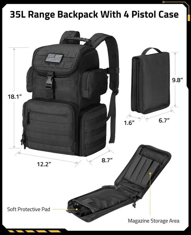 Alt view image 4 of 6 - Tactical Range Backpack with Removable Divider, Gun Cases Bag with 4 Pistol Carrying Cases, Rucksack for Shooting (Black, Medium)