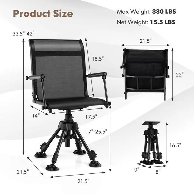 Alt view image 3 of 7 - 360° Swivel Hunting Chair, Folding Silent Hunting Blind Chair with Adjustable Height Legs, All-Terrain Foot Pads, Portable Sniper Seat for Fishing, 330 LBS Capacity