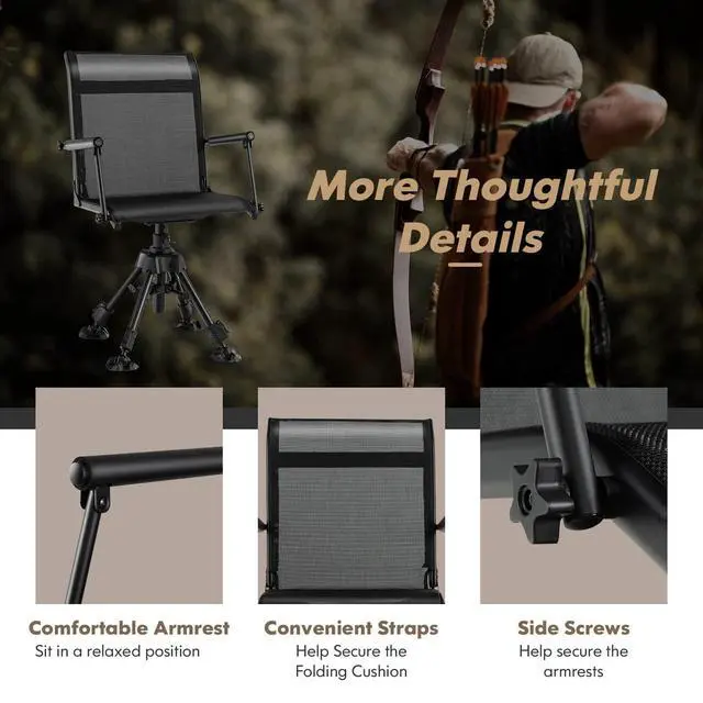 Alt view image 6 of 7 - 360° Swivel Hunting Chair, Folding Silent Hunting Blind Chair with Adjustable Height Legs, All-Terrain Foot Pads, Portable Sniper Seat for Fishing, 330 LBS Capacity