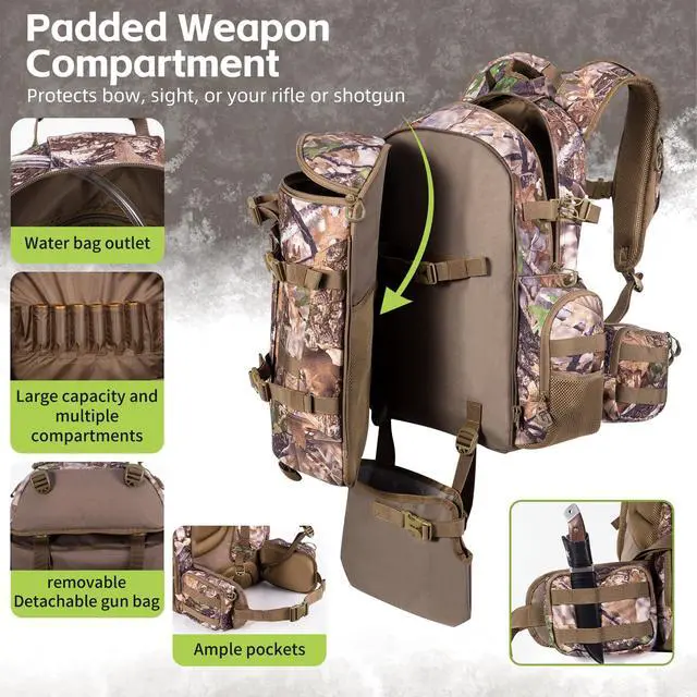 Alt view image 4 of 6 - Large Hunting Backpack with padded weapon compartment for Bow Rifle with Waterproof Rain Cover Hunting Gear Accessories 40L(Supercamo Timber)