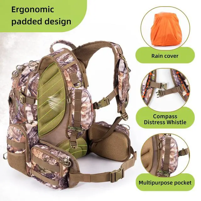 Alt view image 5 of 6 - Large Hunting Backpack with padded weapon compartment for Bow Rifle with Waterproof Rain Cover Hunting Gear Accessories 40L(Supercamo Timber)