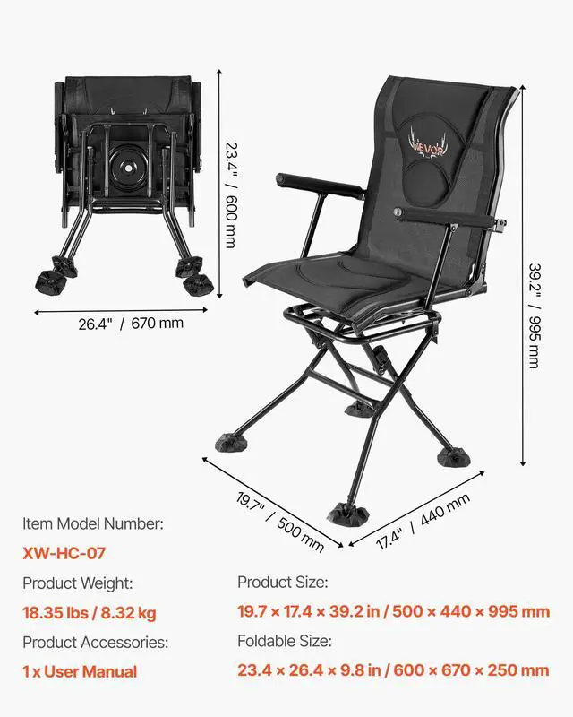 Alt view image 3 of 7 - Hunting Chair, 360° Silent Swivel, Foldable Portable Blind Chair, Heavy-Duty Steel Frame Ground Stool Seat, with Armrests, Adjustable Carry Strap, Anti-Sink Feet, 300 Lbs Capacity for Fishing