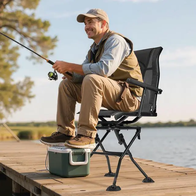 Alt view image 2 of 7 - Hunting Chair, 360° Silent Swivel, Foldable Portable Blind Chair, Heavy-Duty Steel Frame Ground Stool Seat, with Armrests, Adjustable Carry Strap, Anti-Sink Feet, 300 Lbs Capacity for Fishing