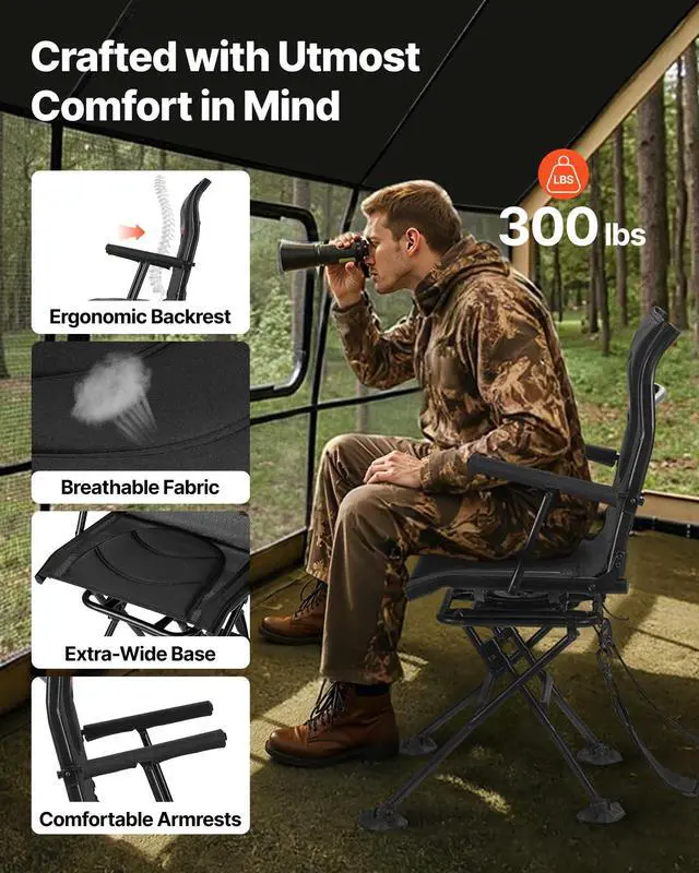 Alt view image 4 of 7 - Hunting Chair, 360° Silent Swivel, Foldable Portable Blind Chair, Heavy-Duty Steel Frame Ground Stool Seat, with Armrests, Adjustable Carry Strap, Anti-Sink Feet, 300 Lbs Capacity for Fishing