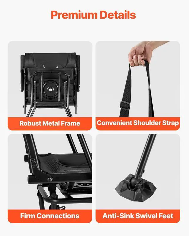 Alt view image 6 of 7 - Hunting Chair, 360° Silent Swivel, Foldable Portable Blind Chair, Heavy-Duty Steel Frame Ground Stool Seat, with Armrests, Adjustable Carry Strap, Anti-Sink Feet, 300 Lbs Capacity for Fishing