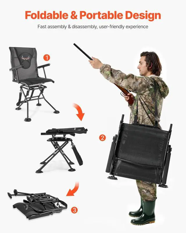 Alt view image 7 of 7 - Hunting Chair, 360° Silent Swivel, Foldable Portable Blind Chair, Heavy-Duty Steel Frame Ground Stool Seat, with Armrests, Adjustable Carry Strap, Anti-Sink Feet, 300 Lbs Capacity for Fishing