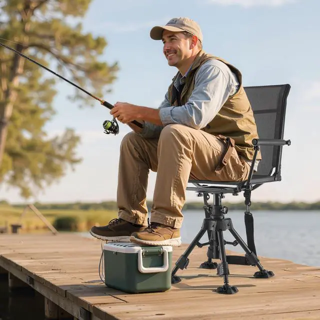 Alt view image 2 of 7 - Hunting Chair, 360° Silent Swivel, Foldable Portable Blind Chair, Heavy-Duty Steel Frame Ground Stool Seat,with Armrests, Anti-Sink Feet, Height Adjustable, 350 Lbs Capacity for Fishing Camping