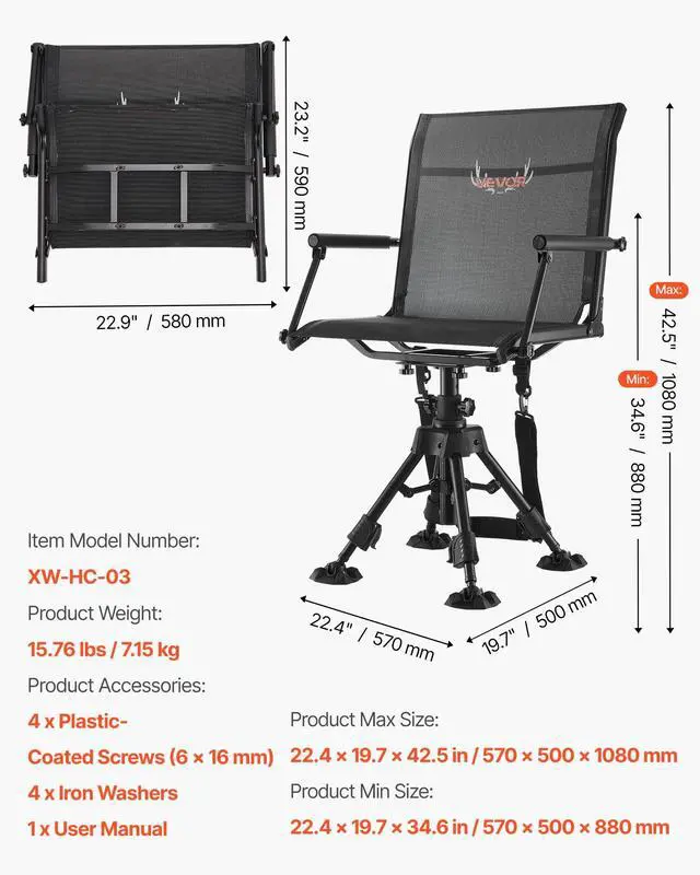 Alt view image 3 of 7 - Hunting Chair, 360° Silent Swivel, Foldable Portable Blind Chair, Heavy-Duty Steel Frame Ground Stool Seat,with Armrests, Anti-Sink Feet, Height Adjustable, 350 Lbs Capacity for Fishing Camping