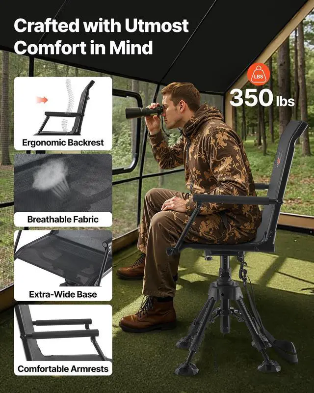 Alt view image 4 of 7 - Hunting Chair, 360° Silent Swivel, Foldable Portable Blind Chair, Heavy-Duty Steel Frame Ground Stool Seat,with Armrests, Anti-Sink Feet, Height Adjustable, 350 Lbs Capacity for Fishing Camping