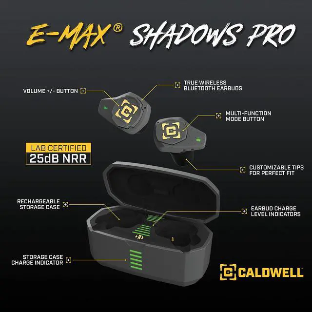 Alt view image 2 of 7 - E-MAX Shadows Pro Electronic Hearing Protection with Ambient Sound Amplification, Bluetooth, Rechargeable Case, For Shooting and Range