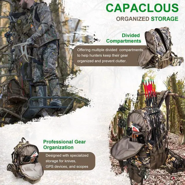 Alt view image 2 of 7 - Hunting Backpack, Waterproof Camo Hunting Packs for Men, Durable Large Capacity Hunting Day Pack for Rifle Bow Gun