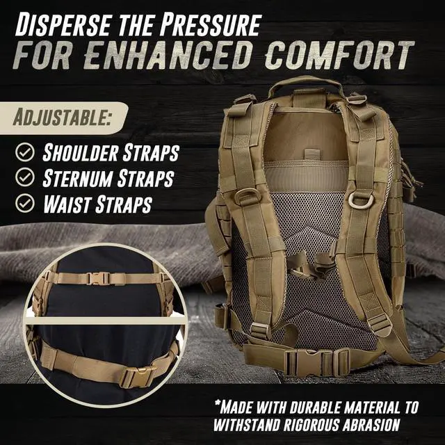 Alt view image 3 of 7 - 45L Military Tactical Backpack Large Army 3 Day Assault Pack Molle Bug out Bag Rucksack (Tan)