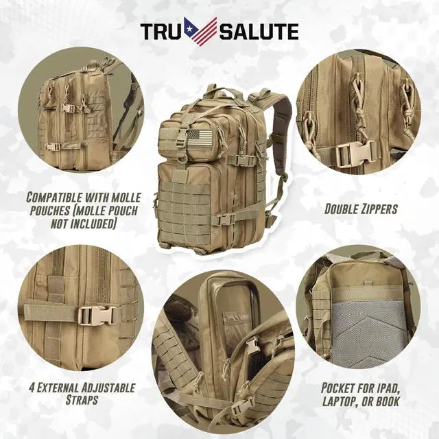 Alt view image 4 of 7 - 45L Military Tactical Backpack Large Army 3 Day Assault Pack Molle Bug out Bag Rucksack (Tan)