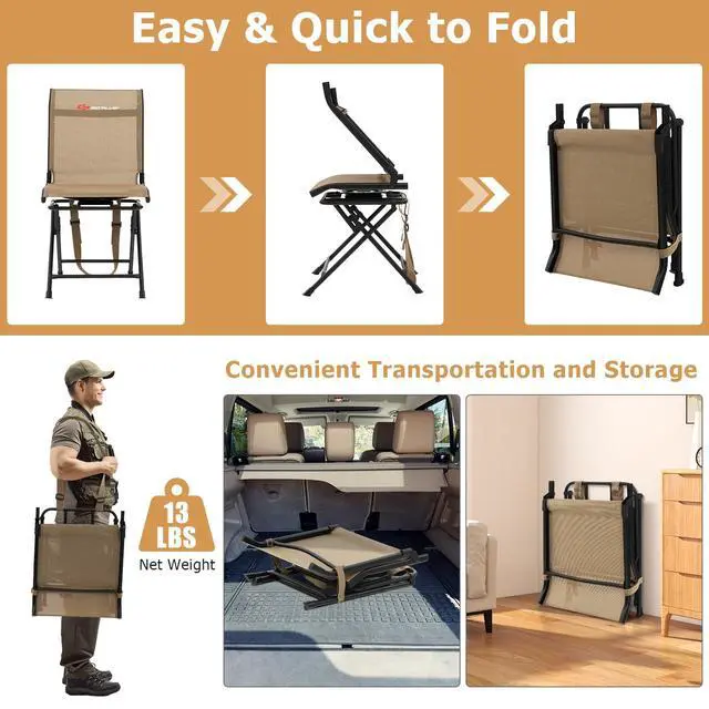 Alt view image 5 of 7 - Hunting Chair, 360° Swivel Hunting Blind Chair with Carrying Strap, 330LBS Capacity, Folding Silent Deer Hunting Chair, Portable Ground Blind Chair for Fishing Camping, No Assembly