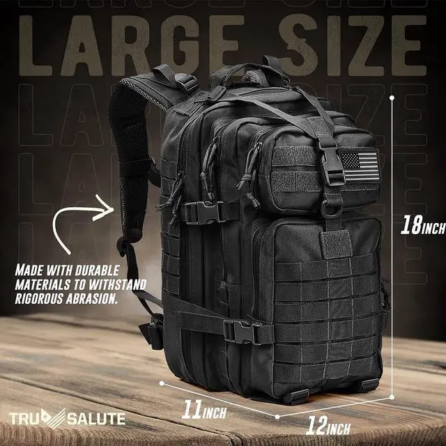 Alt view image 2 of 7 - 45L Military Black Tactical Backpack Large Army 3 Day Pack Molle Bug out Bag Rucksack Backpack Military Black