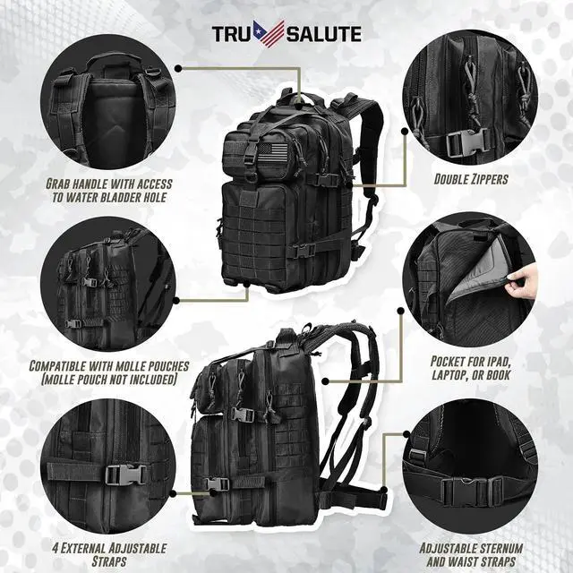 Alt view image 3 of 7 - 45L Military Black Tactical Backpack Large Army 3 Day Pack Molle Bug out Bag Rucksack Backpack Military Black