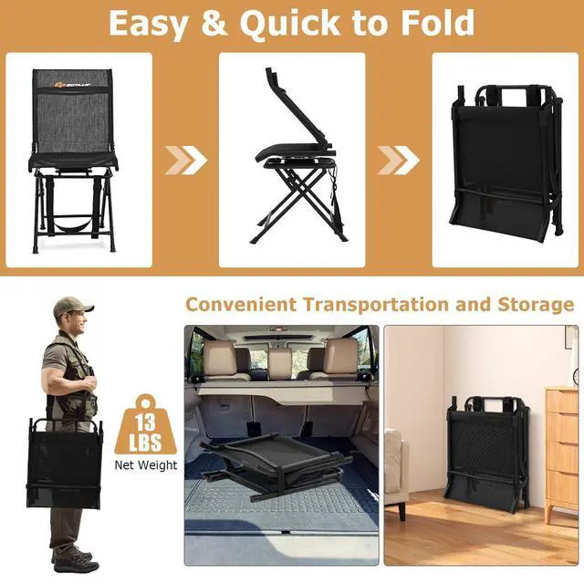 Alt view image 6 of 7 - Hunting Chair, 360° Swivel Hunting Blind Chair with Carrying Strap, 330LBS Capacity, Folding Silent Deer Hunting Chair, Portable Ground Blind Chair for Fishing Camping, No Assembly