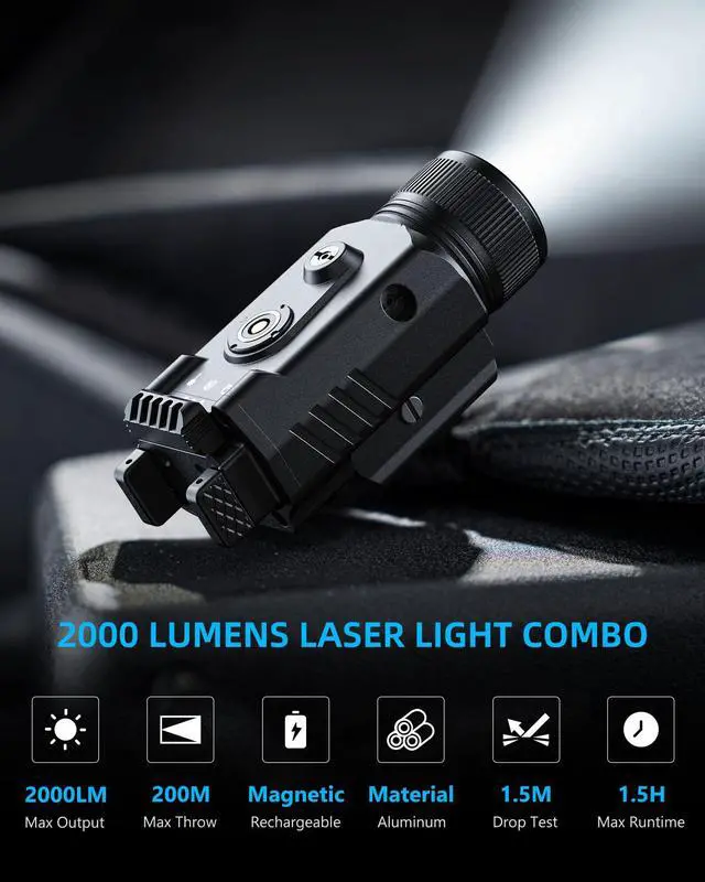 Alt view image 3 of 7 - 2000 Lumen Pistol Light Laser Combo, Magnetic Rechargeable Green Laser Light Combo with Quick Release Adjustable Slide Rail, Picatinny Flashlight for Home Defense, Range Training, Hunting
