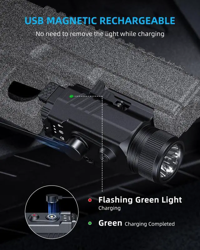 Alt view image 5 of 7 - 2000 Lumen Pistol Light Laser Combo, Magnetic Rechargeable Green Laser Light Combo with Quick Release Adjustable Slide Rail, Picatinny Flashlight for Home Defense, Range Training, Hunting