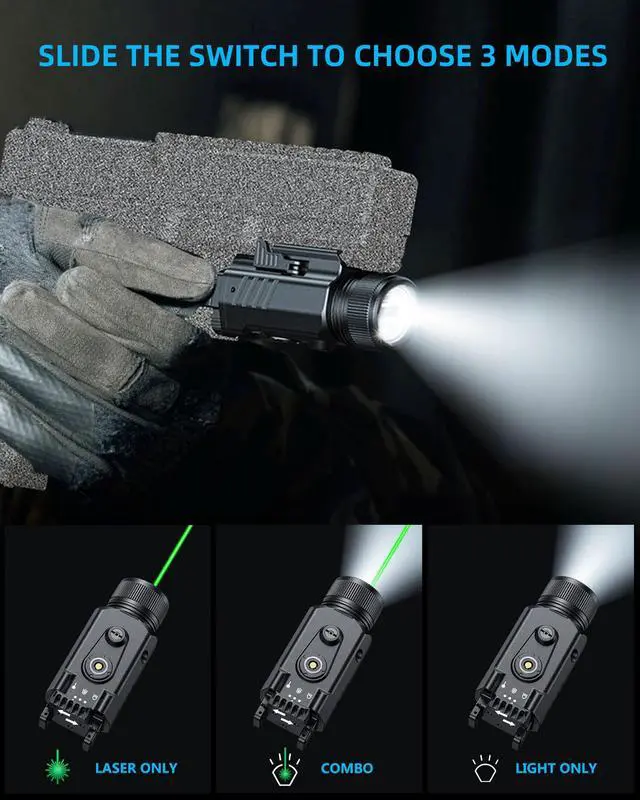 Alt view image 6 of 7 - 2000 Lumen Pistol Light Laser Combo, Magnetic Rechargeable Green Laser Light Combo with Quick Release Adjustable Slide Rail, Picatinny Flashlight for Home Defense, Range Training, Hunting