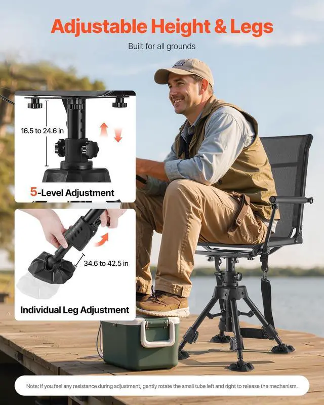 Alt view image 6 of 7 - Hunting Chair, 360° Silent Swivel, Foldable Portable Blind Chair, Heavy-Duty Steel Frame Ground Stool Seat,with Armrests, Anti-Sink Feet, Height Adjustable, 350 Lbs Capacity for Fishing Camping