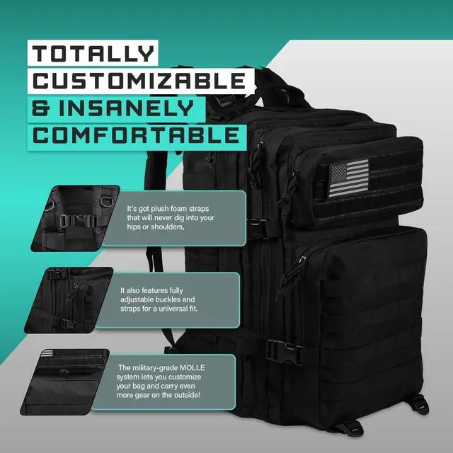 Alt view image 3 of 7 - 40L Tactical Backpack | Heavy Duty Military Backpack for Men | Molle Tactical Bag with 7 Compartments | Assault Pack Daypack | Outdoor Camping, Hiking, Survival, Gym, Travel Black