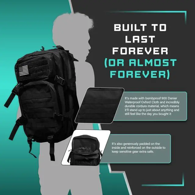 Alt view image 4 of 7 - 40L Tactical Backpack | Heavy Duty Military Backpack for Men | Molle Tactical Bag with 7 Compartments | Assault Pack Daypack | Outdoor Camping, Hiking, Survival, Gym, Travel Black