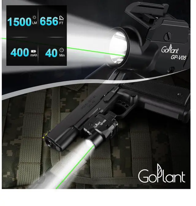 Alt view image 3 of 7 - 1500 Lumens Aircraft-Grade Aluminum Compact Pistol Flashlight, Picatinny Flashlights Laser Weapon Light, Subcompact Tactical Pistol Lights,Green Laser Light Combo For Handgun, Rechargeable Gun Laser