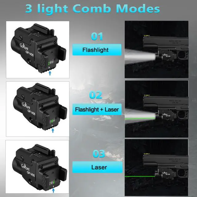 Alt view image 6 of 7 - 1500 Lumens Aircraft-Grade Aluminum Compact Pistol Flashlight, Picatinny Flashlights Laser Weapon Light, Subcompact Tactical Pistol Lights,Green Laser Light Combo For Handgun, Rechargeable Gun Laser