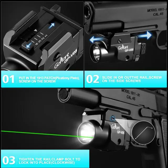 Alt view image 7 of 7 - 1500 Lumens Aircraft-Grade Aluminum Compact Pistol Flashlight, Picatinny Flashlights Laser Weapon Light, Subcompact Tactical Pistol Lights,Green Laser Light Combo For Handgun, Rechargeable Gun Laser