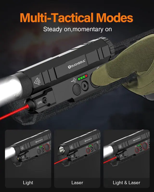 Alt view image 3 of 7 - Mlok Picatinny Tactical Flashlight Green Red Laser Sight Combo | 2400 Lumen Max Light, Momentary Strobe Function (Red Laser)