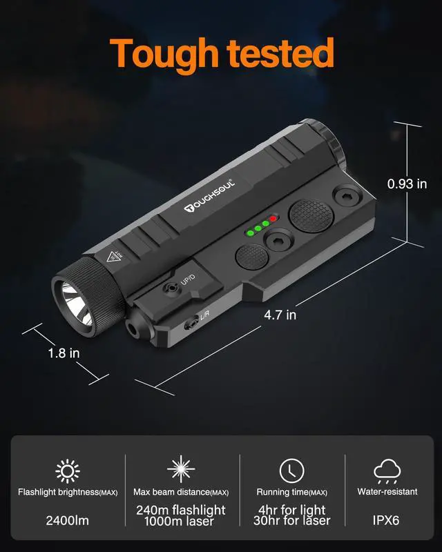 Alt view image 4 of 7 - Mlok Picatinny Tactical Flashlight Green Red Laser Sight Combo | 2400 Lumen Max Light, Momentary Strobe Function (Red Laser)