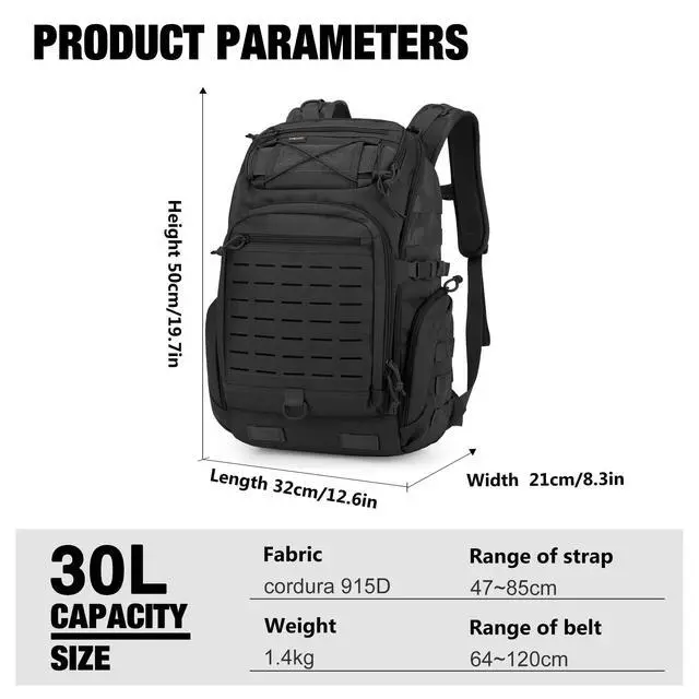 Alt view image 3 of 7 - 30L Molle Military Backpack, Tactical Backpack for Men, Cordura Backpack for Hiking,Camping,Trekking