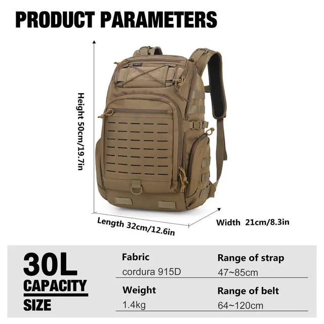 Alt view image 3 of 7 - 30L Molle Military Backpack, Tactical Backpack for Men, Cordura Backpack for Hiking,Camping,Trekking
