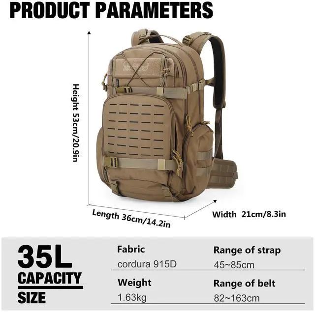 Alt view image 3 of 7 - 35L Molle Tactical Military Backpack for MenCordura Backpack for Hiking,Camping,Survival