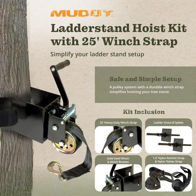 Alt view image 2 of 6 - Hunting Ladderstand Tree Stand Installation Hoist Kit with 25 Foot Heavy Duty Winch Strap, Solid Steel Winch, and Pully System