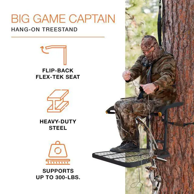 Alt view image 2 of 7 - Captain Hang-On Treestand, Lightweight Steel Construction & Flip-Back 14" x 12" Flex-Tek Seat, 300 lbs Weight Rating, & Foot Platform