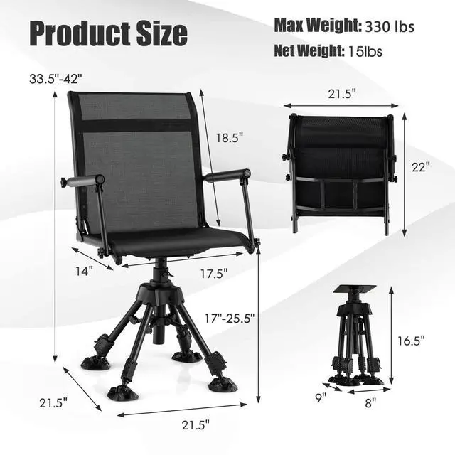 Alt view image 3 of 7 - Hunting Chair, 360 Degree Silent Swivel Blind Chair with 4 Adjustable Legs, Foot Pads & Armrests, Portable Folding Hunting Chairs for Blinds, Fishing, Camping