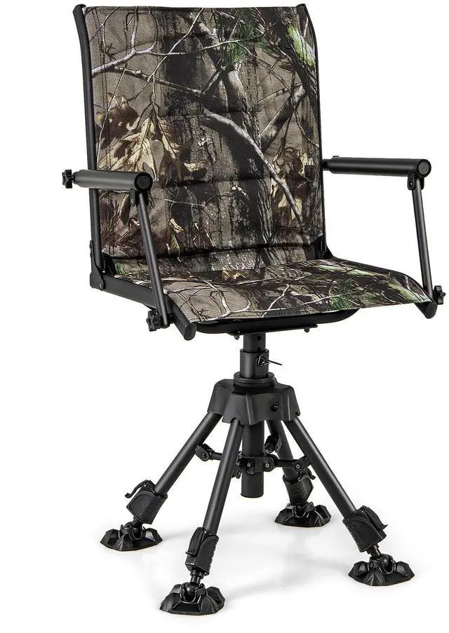 Main image of 360 Degree Swivel Hunting Chair with 4 Adjustable Legs | Camouflage, Silent, Adjustable Foot Pads & Armrests, Portable, Folding, Lightweight, for Blinds, Fishing, Camping