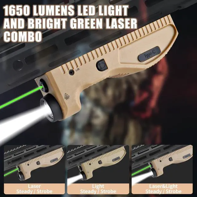 Alt view image 2 of 6 - 1650 lumens Tactical Flashlight, Equipped with Green Laser and White LED Lights, USB-C Rechargeable, Strobe Function,Class IIIA Laser Power Output 5mW,Desert Tan