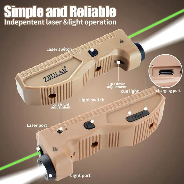 Alt view image 3 of 6 - 1650 lumens Tactical Flashlight, Equipped with Green Laser and White LED Lights, USB-C Rechargeable, Strobe Function,Class IIIA Laser Power Output 5mW,Desert Tan