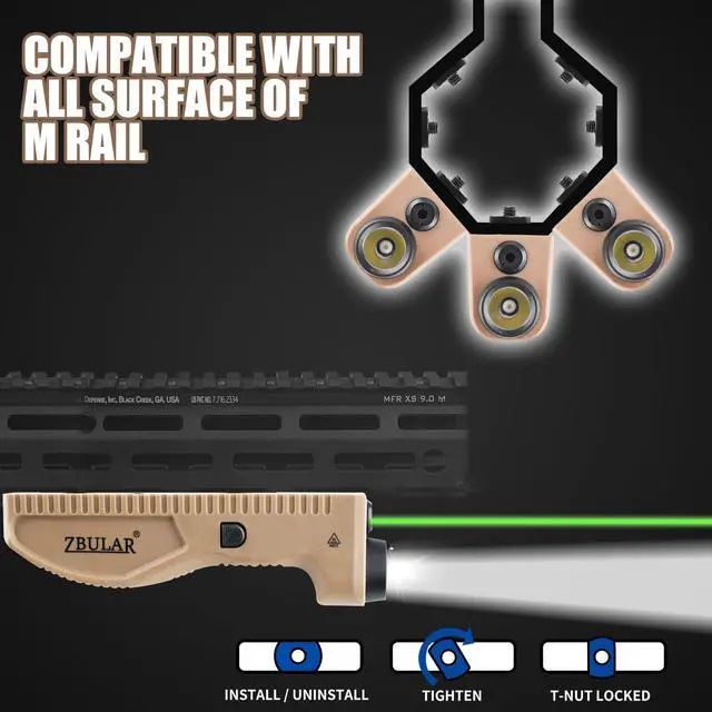 Alt view image 6 of 6 - 1650 lumens Tactical Flashlight, Equipped with Green Laser and White LED Lights, USB-C Rechargeable, Strobe Function,Class IIIA Laser Power Output 5mW,Desert Tan
