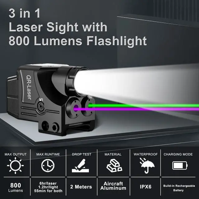 Alt view image 2 of 7 - Red Green Purple Blue Laser Light Combo, 800 Lumens Tactical Flashlight Laser Sight, Built-in USB Rechargeable Battery, Adjustable Compact Tactical LED Light Laser Beams for Handguns with a Rail