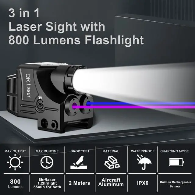 Alt view image 2 of 7 - Red Green Purple Blue Laser Light Combo, 800 Lumens Tactical Flashlight Laser Sight, Built-in USB Rechargeable Battery, Adjustable Compact Tactical LED Light Laser Beams for Handguns with a Rail