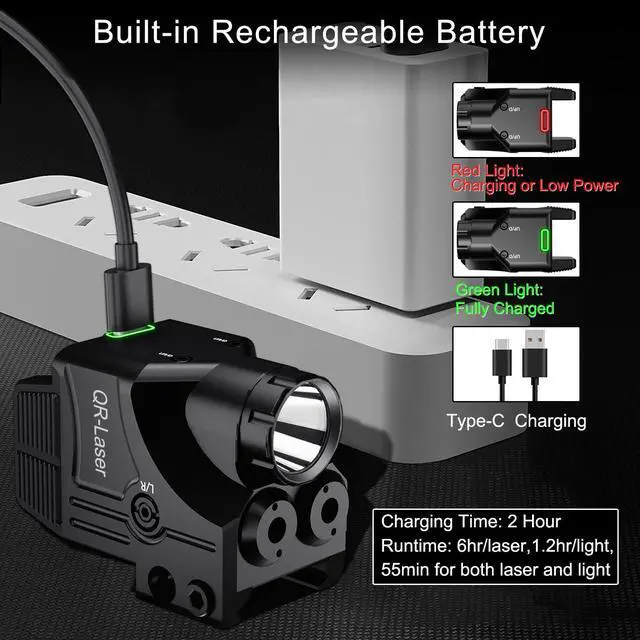 Alt view image 5 of 7 - Red Green Purple Blue Laser Light Combo, 800 Lumens Tactical Flashlight Laser Sight, Built-in USB Rechargeable Battery, Adjustable Compact Tactical LED Light Laser Beams for Handguns with a Rail