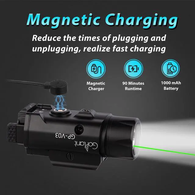 Alt view image 3 of 7 - 1750 Lumens Weapon Laser Light Combo - Adjustable Rail LED Light and Green Laser Flashlight, Aircraft-Grade Aluminum, Magnetic Rechargeable Strobe Tactical Flashlight for Picatinny or GL Rail