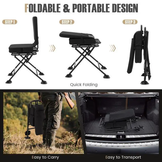 Alt view image 6 of 7 - Hunting Chair, 360 Degree Swivel Hunting Blind Chair with Padded Cushion, Adjustable Foot Pads, Camouflage Portable Folding Hunting Chairs for Blinds, Fishing, Camping