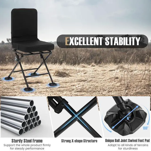 Alt view image 7 of 7 - Hunting Chair, 360 Degree Swivel Hunting Blind Chair with Padded Cushion, Adjustable Foot Pads, Camouflage Portable Folding Hunting Chairs for Blinds, Fishing, Camping