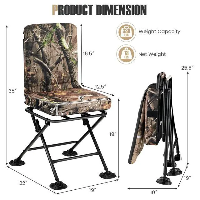 Alt view image 3 of 7 - Hunting Chair, 360 Degree Swivel Camouflage Portable Folding Hunting Blind Chair with Padded Cushion, Adjustable Foot Pads for Blinds, Fishing, Camping